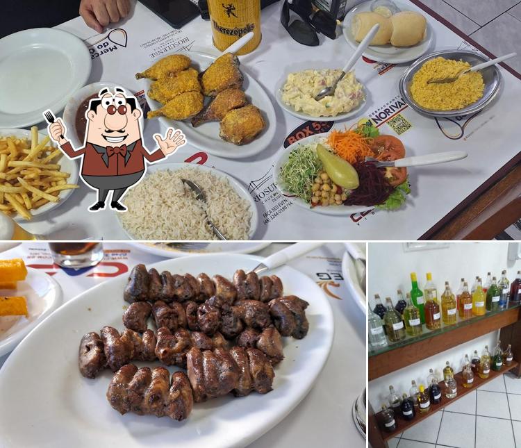 Dê uma olhada a ilustração ilustrando comida e cerveja no Churrascaria Riosulense