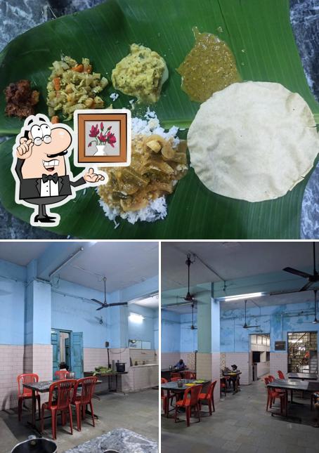 Take a look at the image depicting interior and food at Neo Sri Rama Cafe
