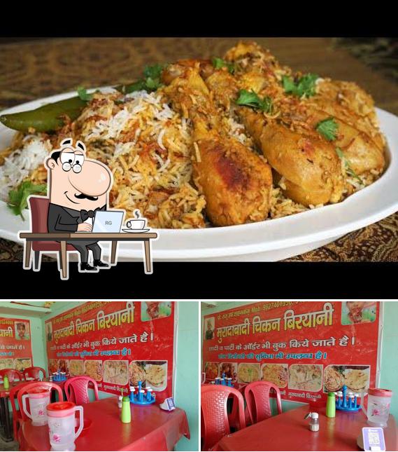The image of Muradabadi and Hyderabadi chicken biryani jale sathi chowk’s interior and food