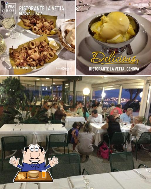 Tra le diverse cose da Ristorante La Vetta Genova si possono trovare la cibo e interni