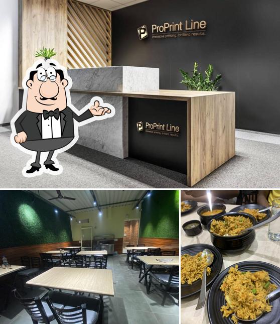 This is the image depicting interior and food at M.K.1 veg & non veg Dhaba