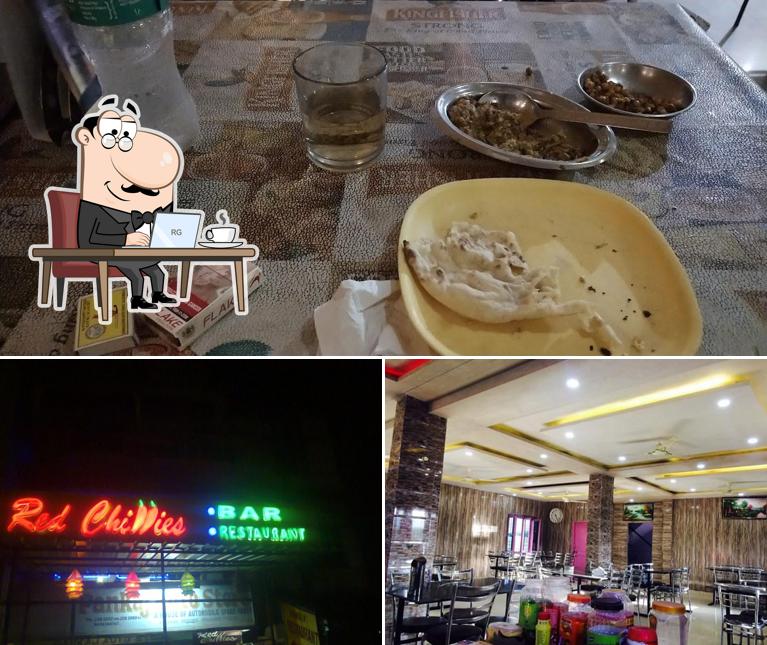 This is the picture displaying interior and dessert at Red Chillies Restaurant Cum Bar