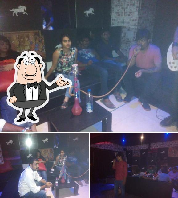 Among various things one can find interior and bar counter at White Horse Sheesha & Music Cafe