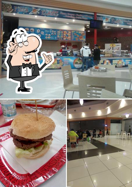 Dai un’occhiata alla immagine che presenta la interni e cittadini di Burger e Pizza Planet