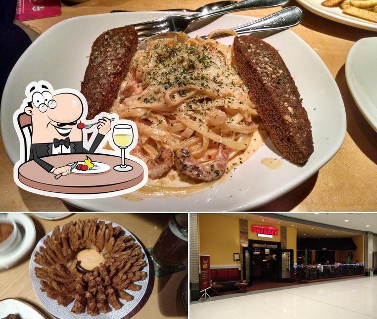 Esta é a ilustração mostrando comida e interior no Outback Steakhouse