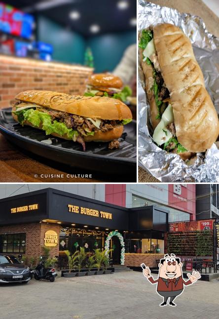 Take a look at the photo showing food and exterior at The Burger Town