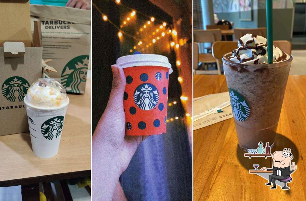 Take a seat at one of the tables at Starbucks