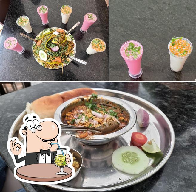 Check out the image showing drink and food at Jogeshwari Misal & Bhel