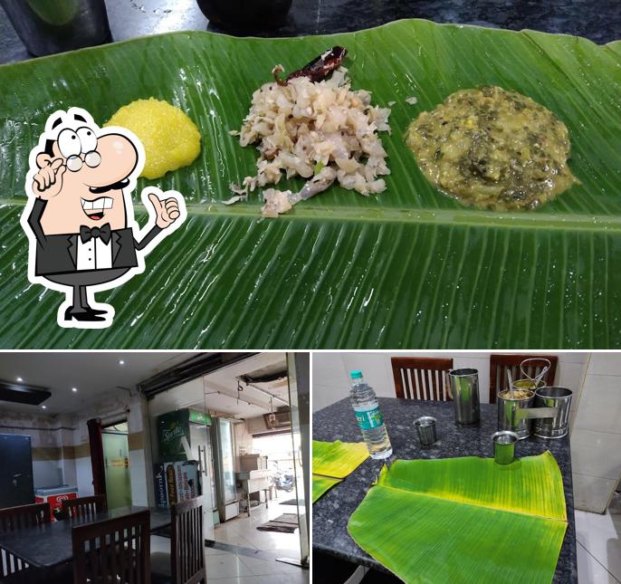 Take a look at the image depicting interior and food at Hotel Annapoorna