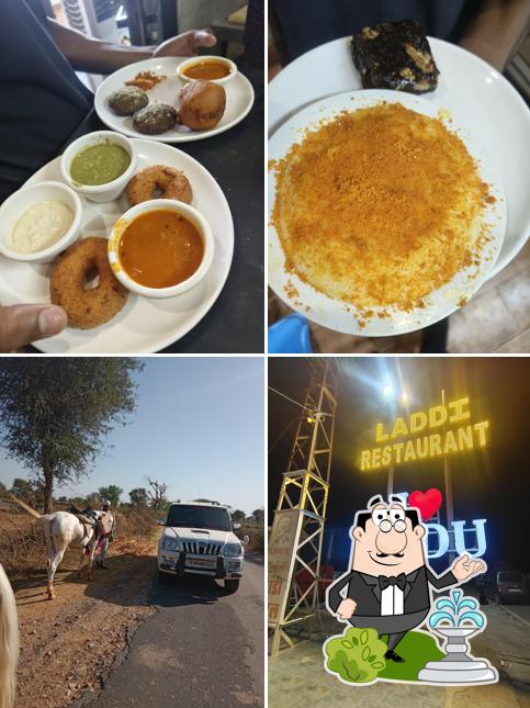 Take a look at the image showing exterior and food at Hotel laddi