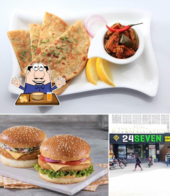 This is the photo displaying food and exterior at 24Seven