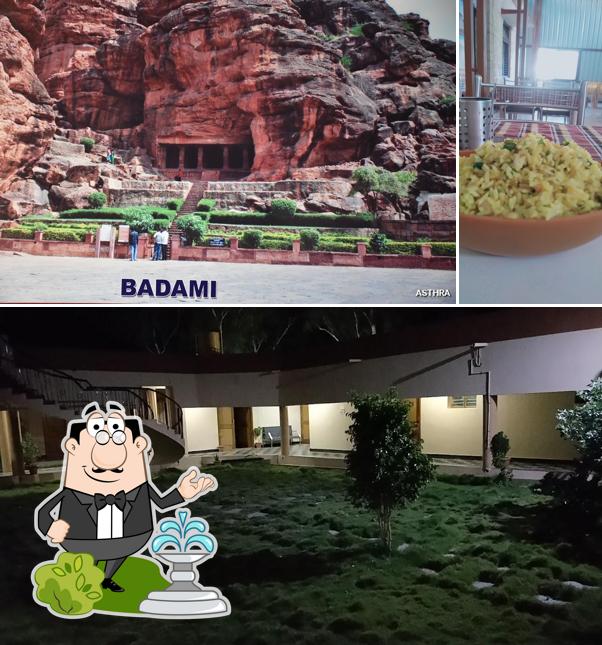 Among various things one can find exterior and pizza at KSTDC Hotel Mayura Yatri Nivasa