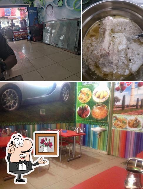 Take a look at the photo showing interior and meat at Shama Dhaba