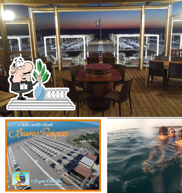 Tra le varie cose da Bagno Ondablu' Castagneto Carducci si possono trovare la esterno e tavolo da pranzo