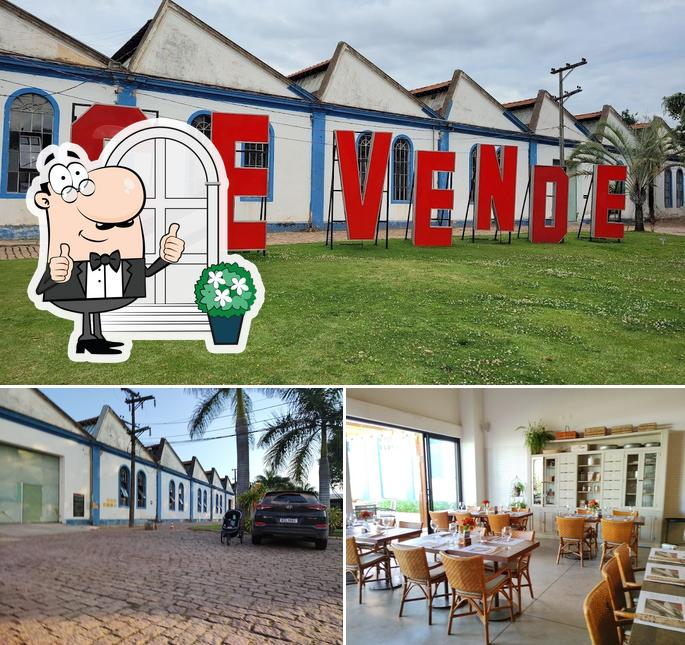 A exterior e mesa de jantar do restaurante