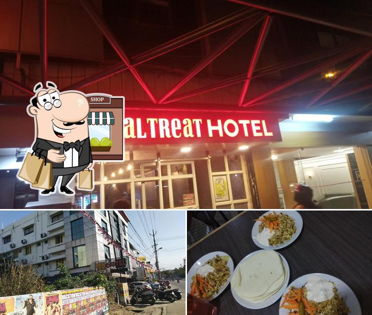Take a look at the image displaying exterior and food at Hotel Royal Treat