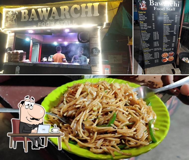 Among various things one can find interior and food at Bawarchi food stall