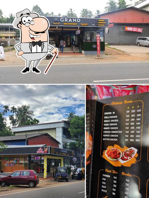 This is the picture depicting exterior and food at Grand Bakes & Restaurant