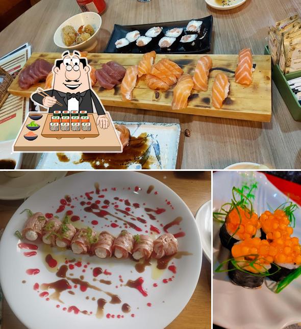 Rolos de sushi são servidos no Sushirang Culinária Japonesa