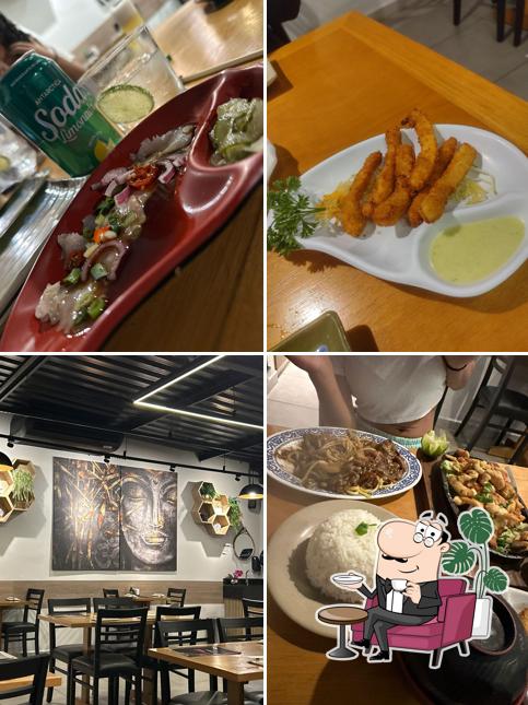 Confira a ilustração ilustrando interior e comida no Myda Sushi