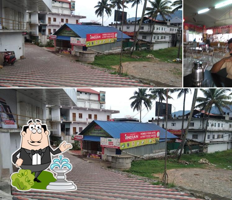Among different things one can find exterior and bar counter at Indian Hotel
