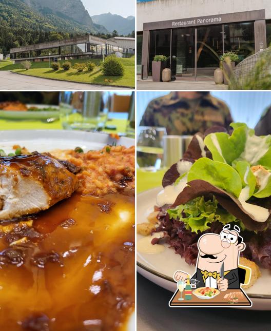 Dai un’occhiata alla foto che mostra la cibo e esterno di Restaurant Panorama St.Luzisteig