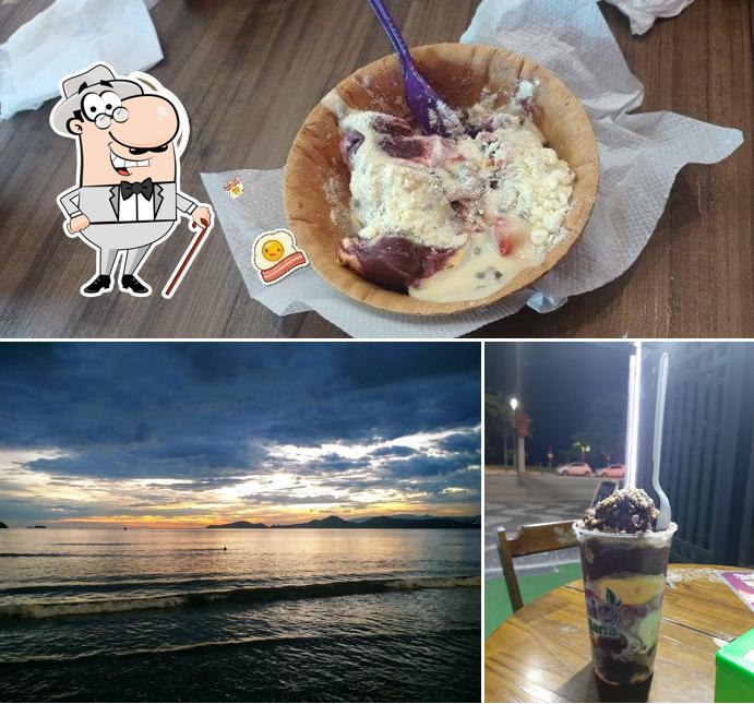 A ilustração da exterior e comida no Açaí da Barra - Santos