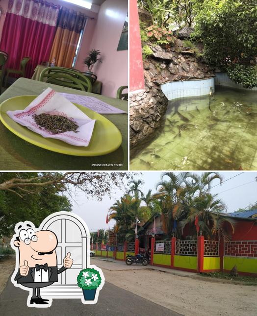 The image of Ramdhenu Dhaba & Bar’s exterior and dining table