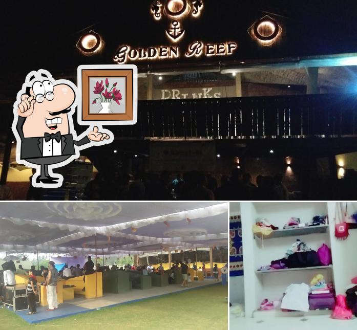 Check out the picture showing interior and food at Le Sparrow Beach Resort