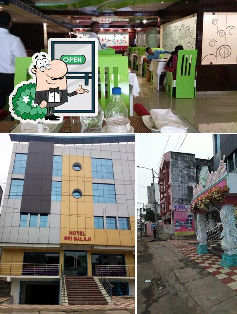 Check out the picture depicting exterior and dining table at Hotel Sri Balaji