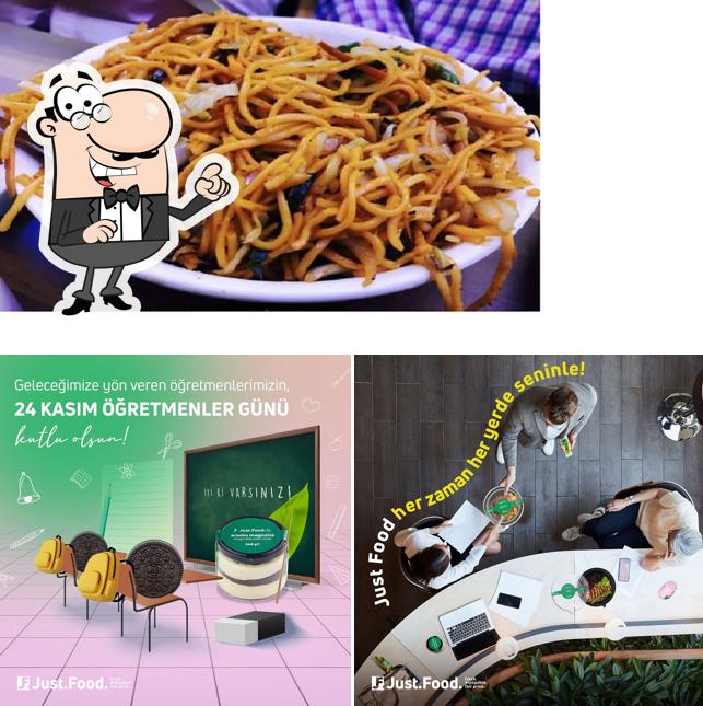 This is the picture displaying interior and food at Just Food