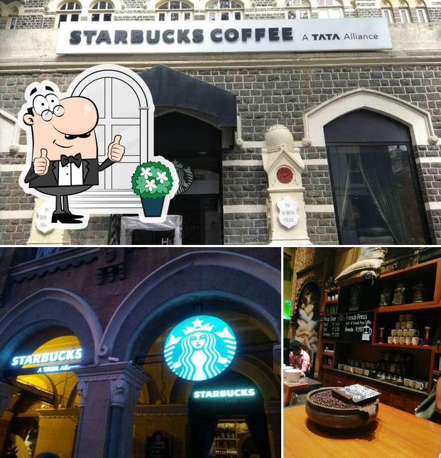 This is the picture depicting exterior and dining table at Starbucks