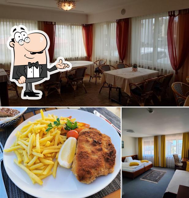 Questa è la immagine che presenta la interni e cibo di Hotel Gasthof zum Roten Löwen