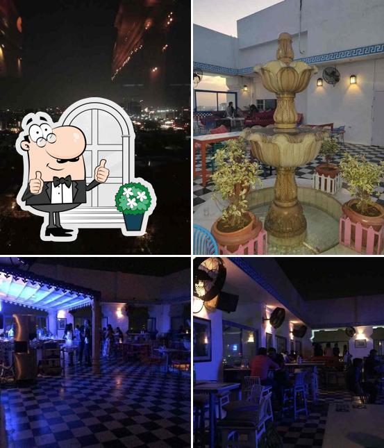 The restaurant's exterior and bar counter