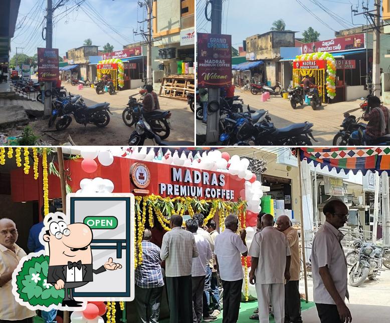 The picture of exterior and food at Madras Premium Coffee