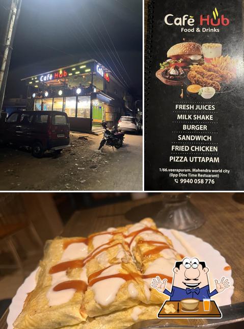 The image of food and exterior at Cafe Hub