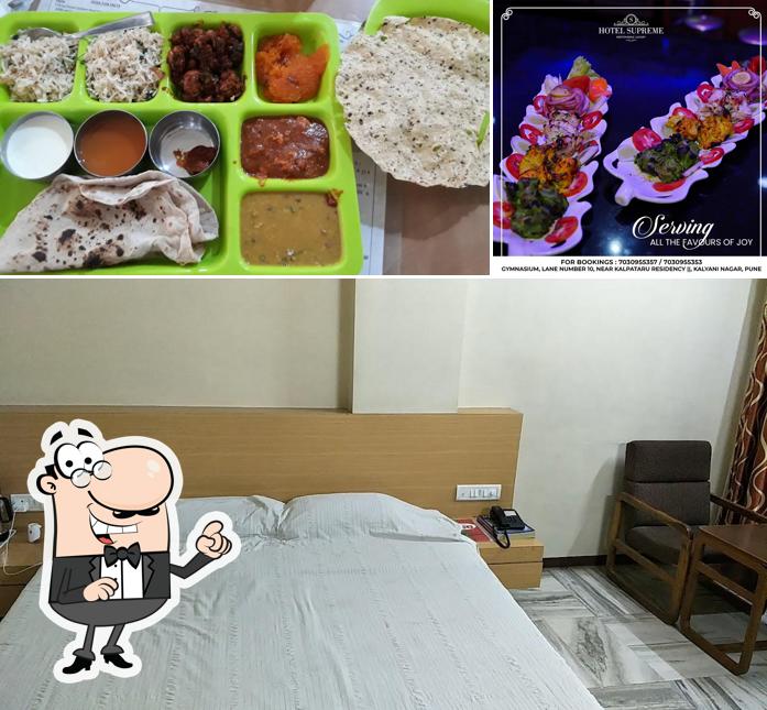 Take a look at the photo showing interior and food at Hotel Supreme