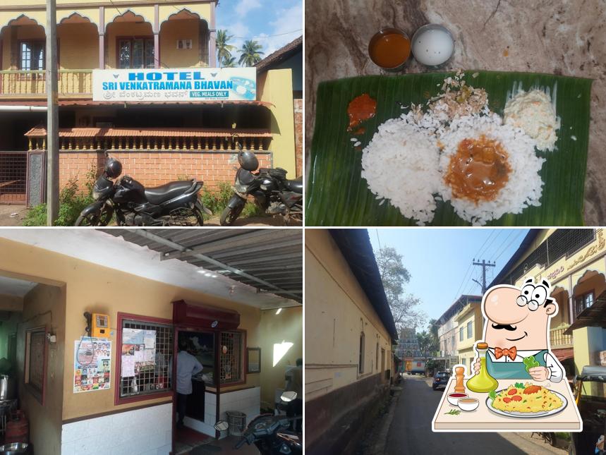 This is the image displaying food and exterior at Hotel Venkatramana Bhavana