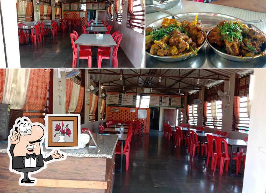 Take a look at the image depicting interior and food at Bhujbal Bandhu Hotel Apulki
