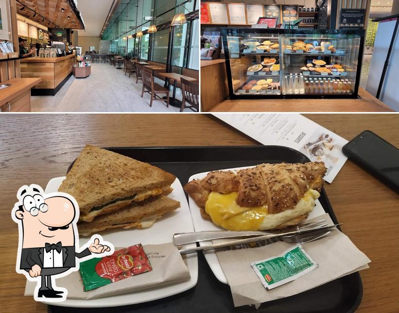 Take a seat at one of the tables at Starbucks