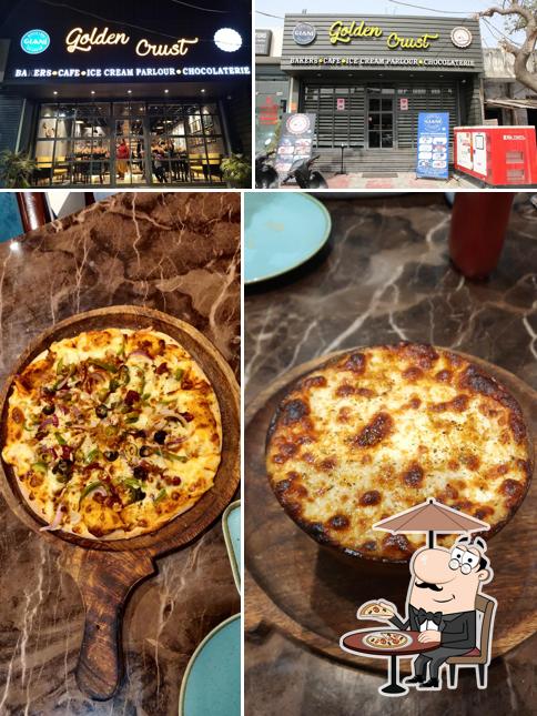 Take a look at the image depicting exterior and food at Golden Crust