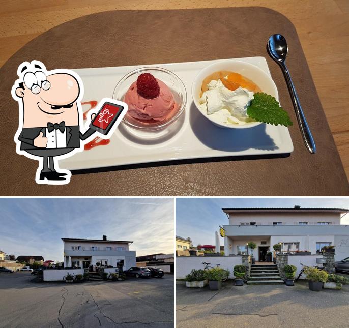 Questa è la immagine che presenta la esterno e cibo di Restaurant Pinte Grosswangen