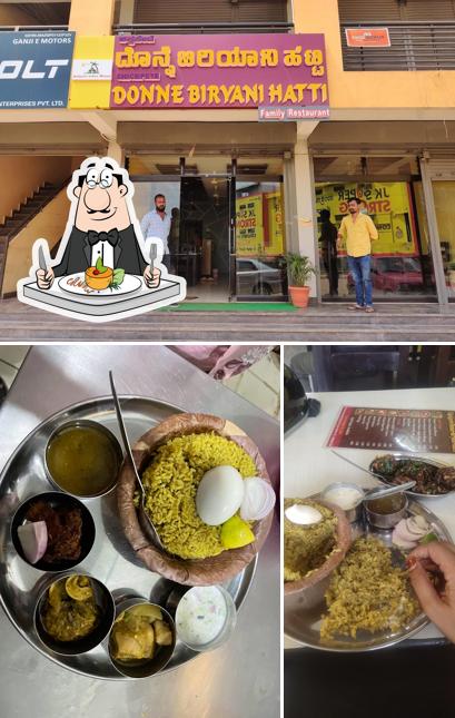 The picture of food and exterior at Chickpete Donne Biryani Hatti
