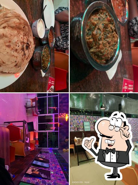 Among different things one can find interior and food at Hunger Kitchen