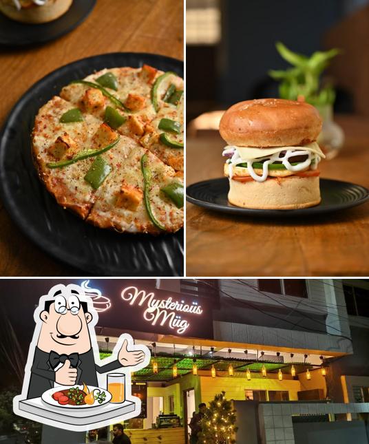 This is the picture displaying food and exterior at Mysterious Mug