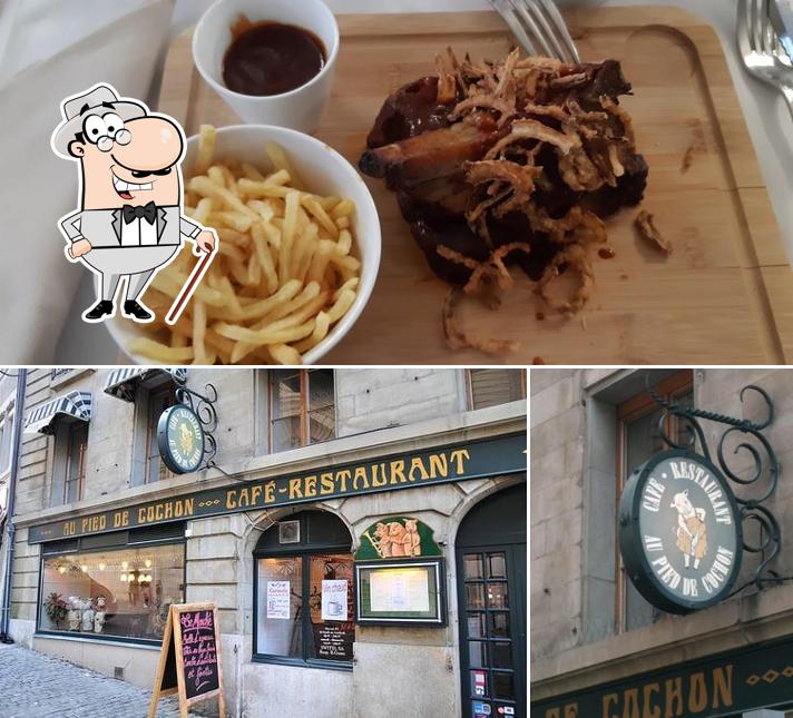 Questa è la immagine che presenta la esterno e cibo di Au Pied de Cochon