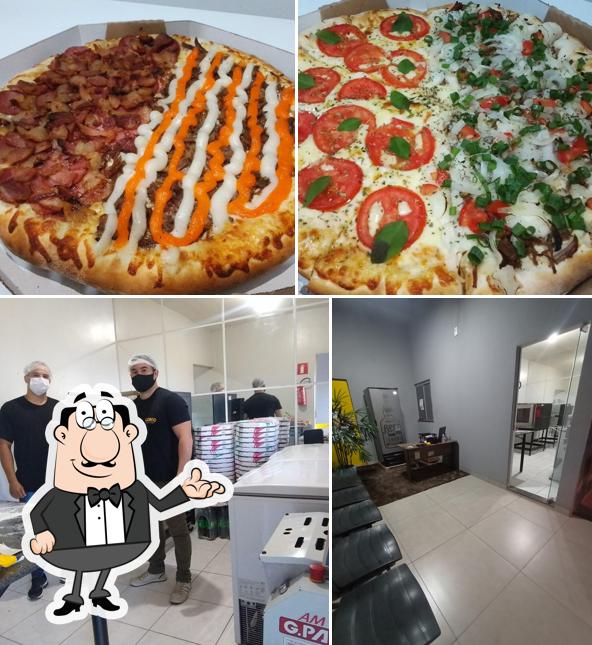 Confira a ilustração mostrando interior e comida a Giorno Pizzaria