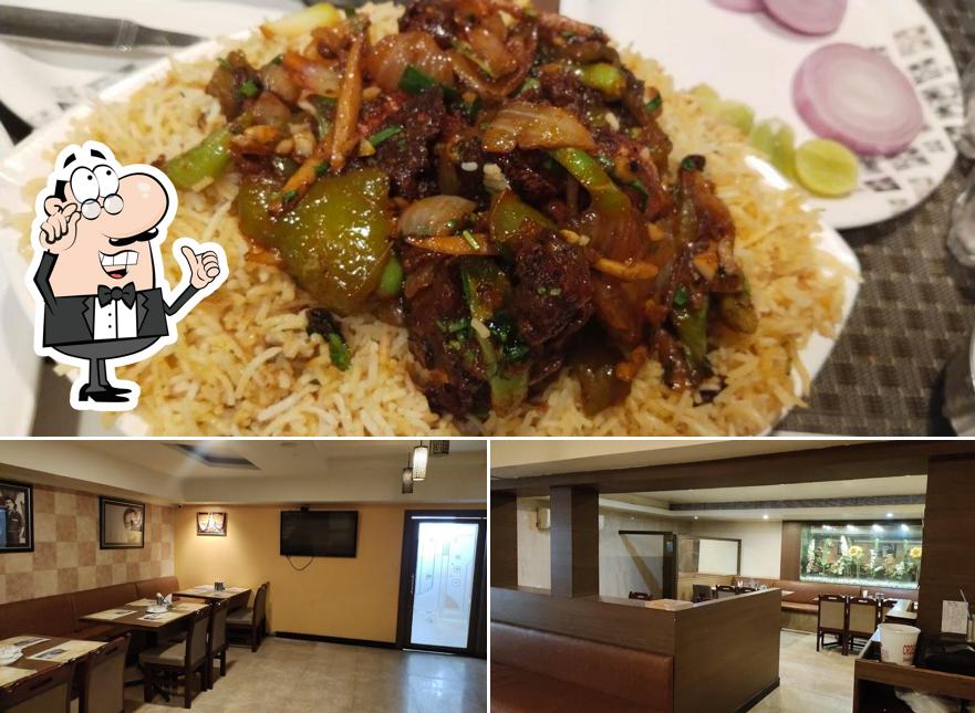 Take a look at the image displaying interior and food at Cross Roads