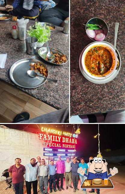Check out the image showing food and exterior at Chanderi huts