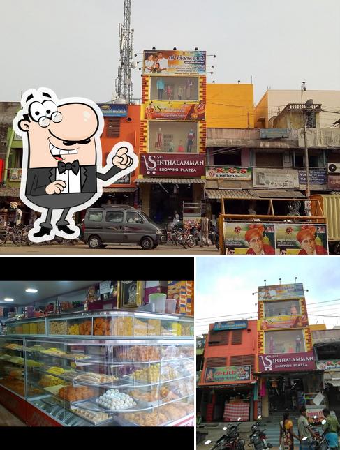 Take a look at the picture showing exterior and food at Subam Sweets & Bakery